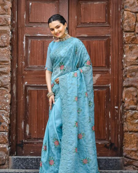 Women's Elegant Sage Green Georgette Saree with Delicate Floral Embroidery & Sequin Work – Perfect for Summer Festivities & Day Events