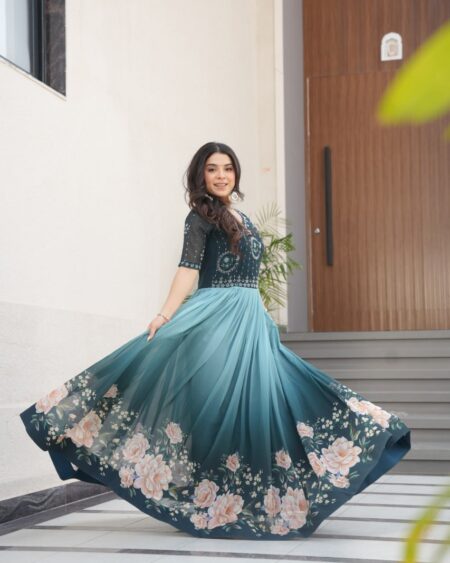 Women's Elegant Teal & Aqua Ombre Gown with Floral Printed Flair & Embellished Bodice – Perfect for Summer Festivities & Parties