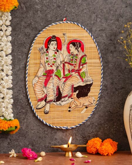 Oval Shaped Design Bamboo Hand Crafted Wall Hangings Of Shri Ram Ji With Janaki Ji For Home Decor | Bamboo Art For Wall Decor
