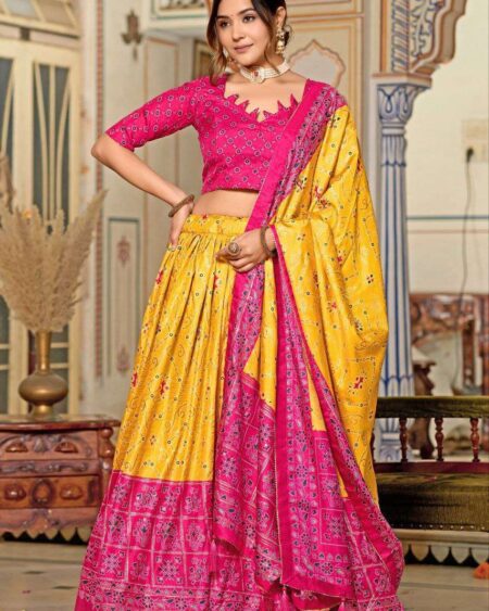 Women's Tussar Silk Patola Print Lehenga Choli Dupatta Set