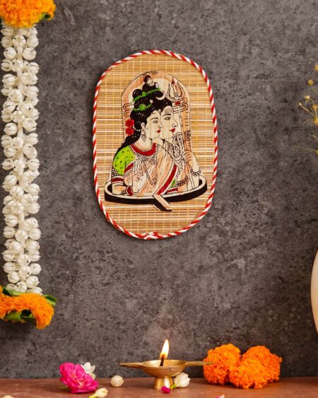 Oval Shaped Design Bamboo Hand Crafted Wall Hangings Of Shiv Sakti For Home Decor