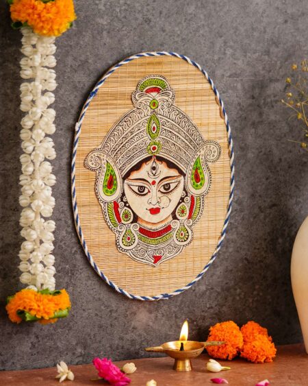 Oval Shaped Design Bamboo Hand Crafted Wall Hangings Of Durga Maa For Home Decor | Bamboo Art For Wall Decor